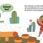 "Glaube" und "Schaut her!" sind hervorgehobene Texte. Kinder spielen fröhlich draußen mit einem Hund. Illustrationen zeigen bunte Natur.