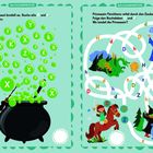Links: "Im Hexenkessel brodelt es. Suche alle X und x. Kreise sie ein." Hexe mit Kessel und grünen Blasen.  
Rechts: "Prinzessin Fürchtenix reitet durch den Zauberwald. Folge den Buchstaben D und d. Wo landet die Prinzessin?" Labyrinth mit Prinzessin, Drache und Zauberer.