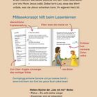 Mitlesekonzept hilft beim Lesenlernen. Eine Illustration zeigt ein offenes Buch mit einer Geschichte über Lea zur Zeit Jesu.
