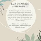 "LASS DIE WORTE WEITERWIRKEN" steht zentral. Darunter Text über ein Journal für Predigten. Helle, florale Gestaltung.