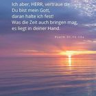 Text: „Ich aber, HERR, vertraue dir... Psalm 31,15-16a“. Hintergrund: Sonnenuntergang über ruhigem Meer.