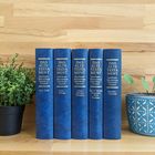 Fünf blaue Bücher beschriftet "DAS ALTE TESTAMENT". Daneben stehen zwei Pflanzen, eine im schwarzen, eine im blauen Topf.