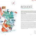 RESILIENZ. Unsere 50 Wege aus der Krise. Illustration mit Menschen, Hund, jemand in Wasser, "Nein"-Schild, Friedenstaube.