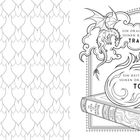 Links Schuppenmuster, rechts Illustration mit Buch, zwei Drachen. Texte: "EIN DRACHE OHNE SEINEN REITER IST TRAGISCH", "EIN REITER OHNE SEINEN DRACHEN IST TOT".