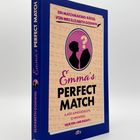 „Ein Matchmaking-Rätsel von Mrs Elizabeth Godwin. Emma's Perfect Match. 6.400 Junggesellen, 12 Hinweise, nur ein ‚Mr Right‘“. Blaues Buchcover, zentrales ovales Bild mit zwei Profil-Silhouetten.
