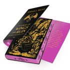 Buchtitel "A Court of Wings and Ruin", schwarzes Cover mit goldener Drachenillustration, pinker Einband, Zitat innen.