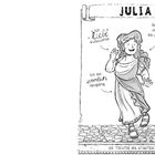 Eine Illustration zeigt Julia in antiker Kleidung, lächelnd und auf einem Weg tanzend. Sie liebt Kunstwerke.