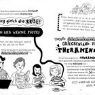 Texte: "Ich krieg gleich die Krise!", "Ich lieb weiche Füße!", "Partnerstadt", "THERAMENIS!"

Illustration: Vier Personen am Tisch; eine Familie isst und liest.