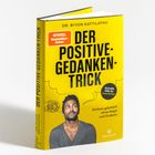 Ein gelber Hintergrund mit einem inspirierenden Text über die Kontrolle von Gedanken und ein Buch für mehr Vertrauen.