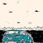 Blaue Limousine in einer gezeichneten Landschaft, mit Himmel, Wolken und Vögeln.