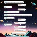 Dialog zwischen zwei Personen: Rian White und Unbekannt, vor einem Weltraumhintergrund mit Planeten und Bergen.