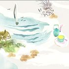 Eine Illustration zeigt ein Segelboot, ein Haus, Gewässer, Pflanzen und eine Teekanne mit Tasse.