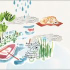 Illustration: Ein Hund schläft auf einem roten Tuch, daneben Regen, Pflanzen, ein Boot auf Wasser und hohe Gräser.