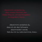 Oben: roter Text über Hochzeit und Kriegsbeil, Neve. Unten: weißer Text über Drohung, näherkommen, Ares.