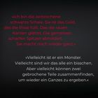 Zwei Zitate in eleganten Schriftarten: Rot oben über eine gebrochene Schale, Weiß unten über Monster und Heilung. Dunkler Hintergrund.
