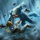 Illustration: Ein Werwolf greift eine Person im dichten, mystischen Wald an. Die Szene wirkt dramatisch und actiongeladen.