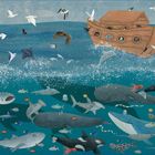 Text: „Die große Flut“, „Finde mich: die Qualle, der Rochen, die Schildkröte, der Seehund, der Tintenfisch“. Illustration von Tieren im Meer und einer Arche auf Wellen.