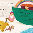 "Noah und das große Schiff" zeigt Noah, Tiere und ein großes, grünes Schiff. Ein Regenbogen und Regentropfen sind zu sehen.