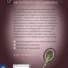 Rote Hintergrund, Text über ein Mittelalterfest, mysteriöse Ritter. "Die drei !!!", Schwert im Logo, Rabe oben rechts.