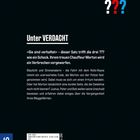 Ein schwarzer Hintergrund mit dem Text: "Die drei ??? Unter VERDACHT". Beschreibung der Handlung über eine Festnahme.