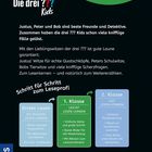 Titel: "Bücherhelden 1. Klasse". Text erklärt, dass Justus, Peter und Bob Detektive sind. Struktur fürs Lesen lernen.