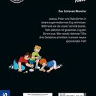 "Die drei ??? Kids: Das Schienen-Monster" ist ein Detektiv-Abenteuer. Justus, Peter und Bob ermitteln im Zug. Illustration: Drei Jungen erforschen etwas auf dem Boden.