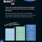 "BÜCHERHELDEN 2. Klasse" in großen Buchstaben. Geschichte über Justus, Peter und Bob, die Dino-Diebe jagen. "Schritt für Schritt zum Leseprofi" mit Lesestufen "Erstes Lesen", "1. Klasse", "2. Klasse". "entolin.de" Logo.