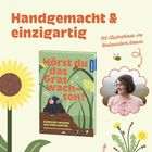 Text: Hörst du das Gras wachsen? Kurioses Wissen aus dem Garten. Illustration: Ein Maulwurf mit Kopfhörern, Pflanzen.