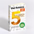 Buchtitel: "Die 5 Sekunden Regel" von Mel Robbins, sie ist SPIEGEL Bestseller-Autorin. Modernes Coverdesign in Weiß und Gold.