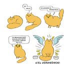 Eine orange Katze spricht: "Oh, hallo." "Willkommen in meinem Buch!" "Viel Vergnügen!" Blaue Flügel, Schalen daneben.