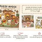 "Fuzzy Hygge, das supersüße Ausmalbuch". Illustrationen: Tiere im gemütlichen Raum. Text: "Genieße die kleinen Freuden..."