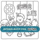 "AUSMALBUCH VON ViviTinta" über Tieren, die an einem Tisch sitzen und lesen in einem gemütlichen Raum mit Regalen.