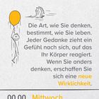 Ein Zitat über die Macht des Denkens. Oben ein gezeichneter Mensch mit Ballon, rechts ein fliegender Vogel. Unten Datum.