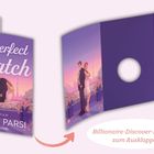 Buchtitel: "No perfect Match" von Kyra Parsi. Roman. Lila Cover mit Paar im Hintergrund, Schriftzug "Billionaire-Discover-Me-Look".