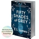 "Fifty Shades of Grey" von E L James, blaue Krawatte auf dunklem Hintergrund, mit weißen Blattmotiven, Hinweis über Farbschnitt.
