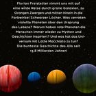 Text über den bunten Weltraum und Planeten, inspiriert von Mythen. Unten planetenartige bunte Kugeln vor schwarzem Hintergrund.