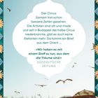 „Der Circus Samani hat schon bessere Zeiten gesehen...“ Text in einer arabesken Umrandung, unten Menschen und Möwen am Hafen.
