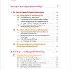 Inhalt mit Kapiteln über Geschichte offener Kindergärten, Grundlagen, pädagogische Umsetzung; orange und rote Überschriften.