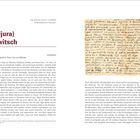Links: "9.1943", "Anna (Njura) Rabinowitsch", "Trunowka". Rechts: Text über ein historisches Dokument in russischer Sprache.