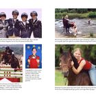 Oben links: Vier Mädchen mit Medaillen. Unten links: Reiter auf Pferd. Rechts: Mädchen mit Pferd, schwimmen im Teich.