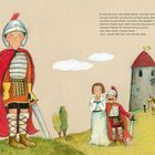 Text: "Es wird Sommer... sie sind sehr stolz." Illustration eines großen Ritters in glänzender Rüstung. Eine Burg im Hintergrund.