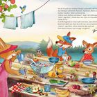 Text: Freunde bereiten Frühstück vor. Illustrationen von Tieren beim Picknick mit Obst, Müsli und Getränken. Waldhintergrund.