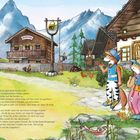 Texte: „SCHULE“, „Pension Rosi“, „IXI“, „13“. Illustration von Tieren in Kleidung vor einem Schulhaus in alpiner Landschaft.