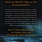 Der Text beschreibt eine düstere Handlung mit einem mutigen Protagonisten, der Dämonen herausfordert. Unten ist eine Landschaft.