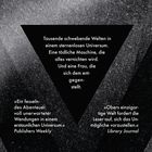 Beschreibung eines finsteren, geheimnisvollen Universums mit schwebenden Welten und einer mutigen Frau. Grafische Gestaltung.