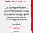 Text: „Wem kannst du vertrauen, wenn nicht deiner eigenen Mutter?“ Roter Hintergrundspritzer rechts.