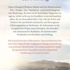 Der Text beschreibt Ojuna Altangerel-Wodnars Heilmethoden und Erfahrungen. Unten ist eine grüne Steppe mit Jurten und Bergen.