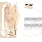 Eine gestaltete Seite mit Text über Geräusche im Garten. Ein Gesicht in einer Hand, ein Pferdewagen oben. Beige Hintergrund.