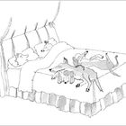 Eine Illustration zeigt zwei Hunde, die entspannt auf einem großen Bett liegen.