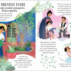 "Der kreative Funke: Frida überwindet anfängliche Schwierigkeiten" zeigt Frida Kahlo im Garten und Szenen ihrer Krankheit.